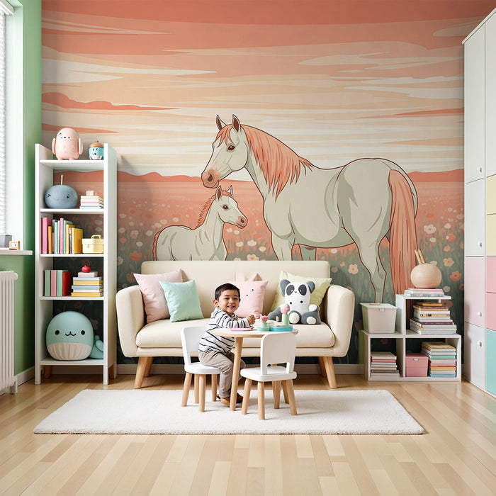 Papier peint chambre enfant | Chevaux majestueux dans un champ fleuri