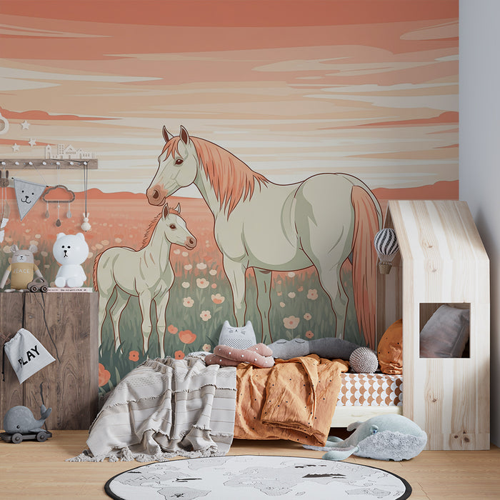 Papier peint chambre enfant | Chevaux majestueux dans un champ fleuri