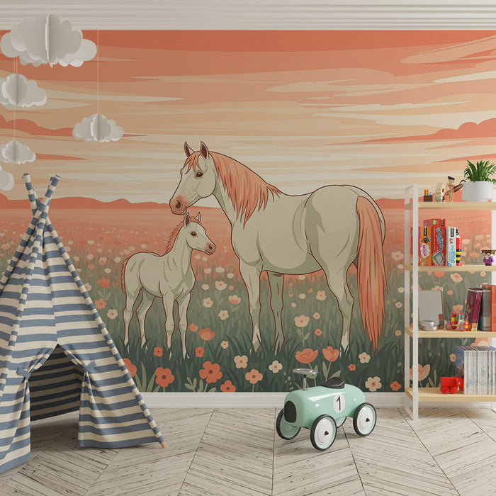Papier peint chambre enfant | Chevaux majestueux dans un champ fleuri