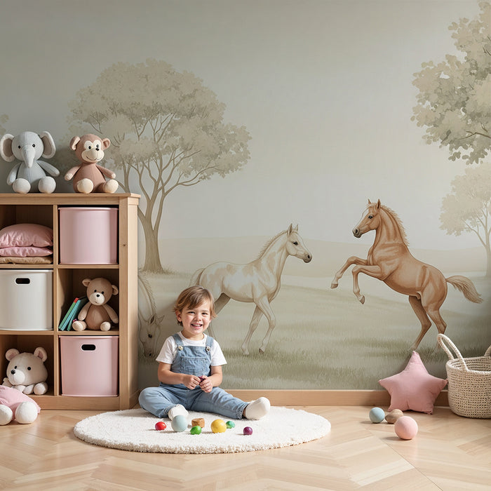 Papier peint chambre enfant | Chevaux majestueux dans un paysage paisible