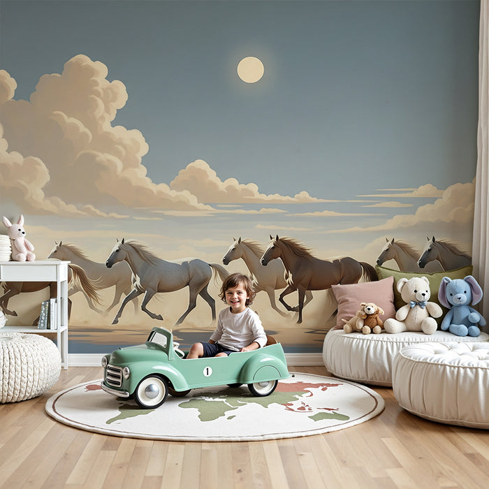 **Barnetapet til barnerommet | Majestetiske hester som galopperer under en solfylt himmel**