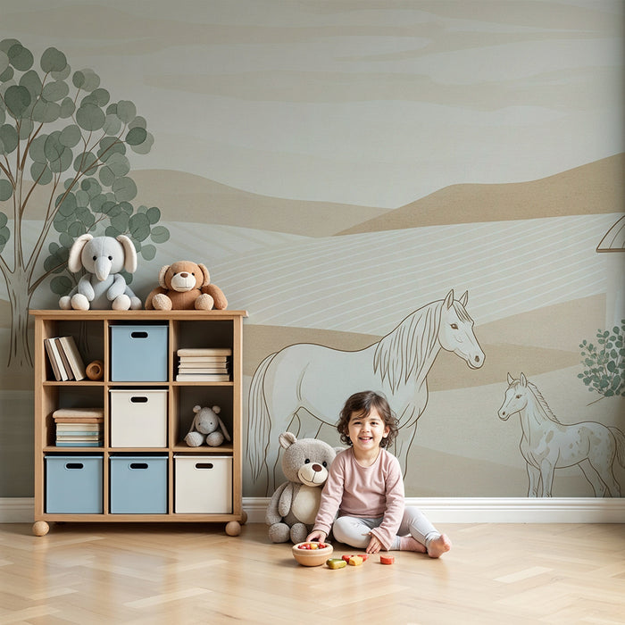 **Kinderzimmer Tapete | Friedliche Pferde am Teich in einer sanften Landschaft**