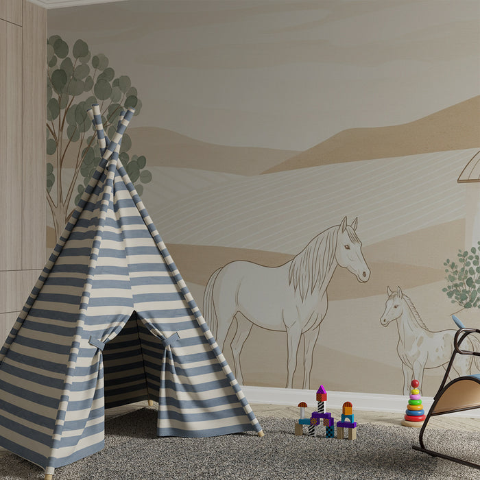 **Kinderzimmer Tapete | Friedliche Pferde am Teich in einer sanften Landschaft**