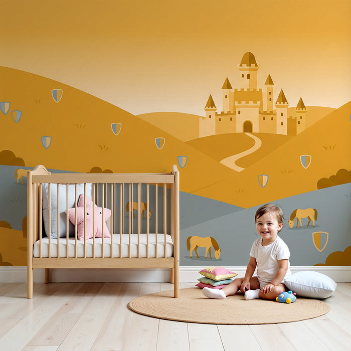 Carta da parati per camera bambini | Cavalli tranquilli e castello fatato in un paesaggio dorato