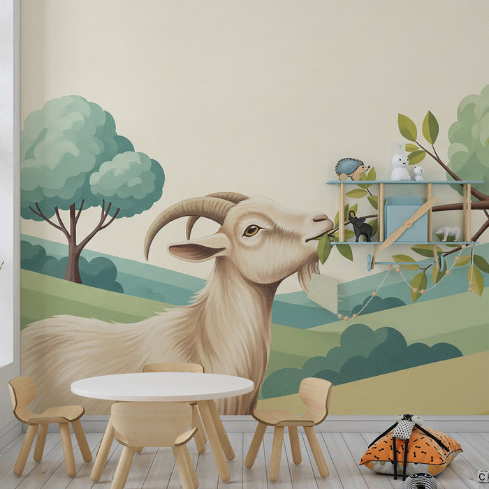 Kinderzimmer Tapete | Friedliche Ziege in einer grünen Landschaft
