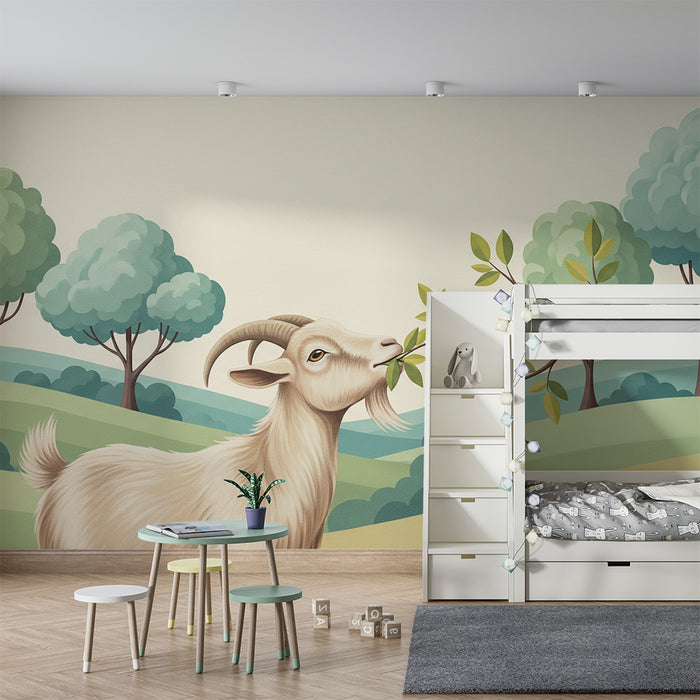 Kinderzimmer Tapete | Friedliche Ziege in einer grünen Landschaft