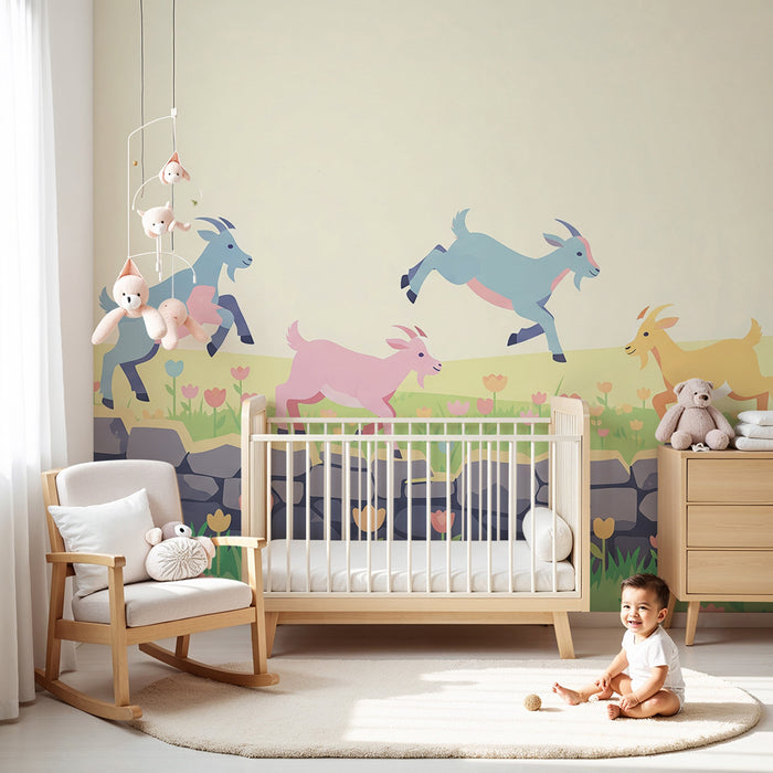 Kinderzimmer Tapete | Bunte Ziegen springen über eine blumige Mauer.