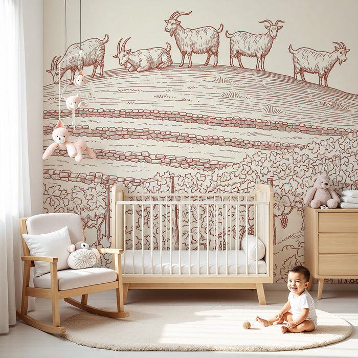 Papier peint chambre enfant | Chèvres dans les vignes avec un paysage pastoral