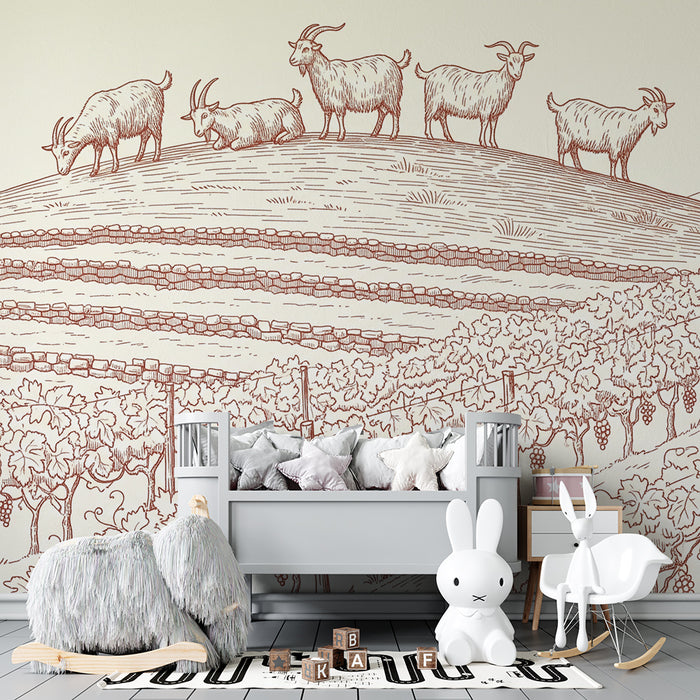 Papier peint chambre enfant | Chèvres dans les vignes avec un paysage pastoral