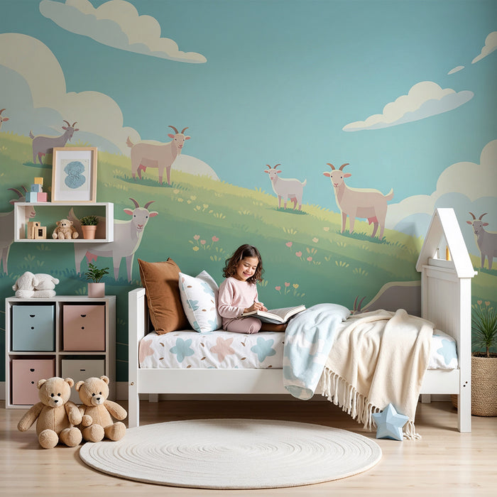 Kids room wallpaper | Õnnelikud kitsed rohelisel mäel