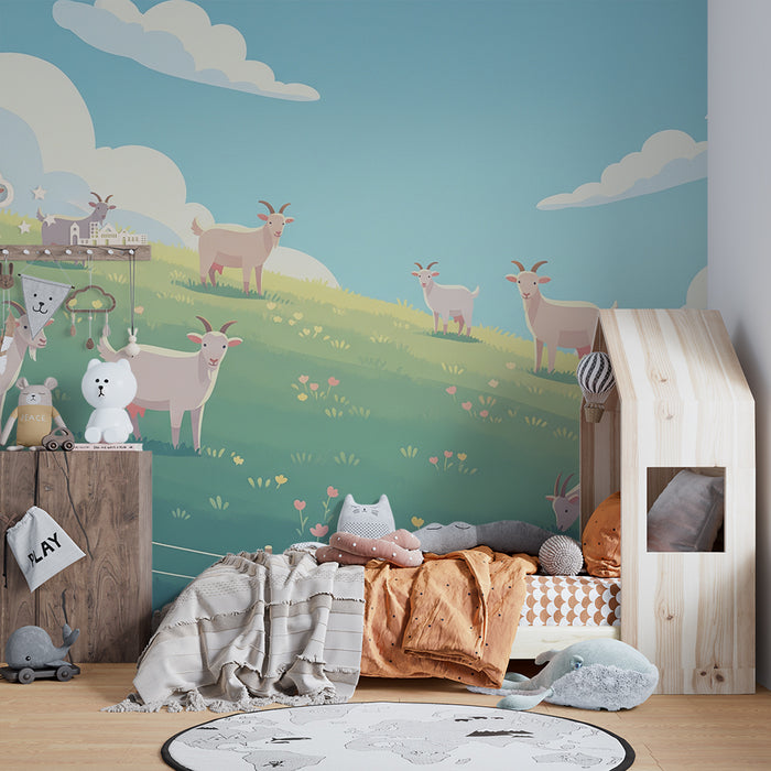 Kids room wallpaper | Õnnelikud kitsed rohelisel mäel