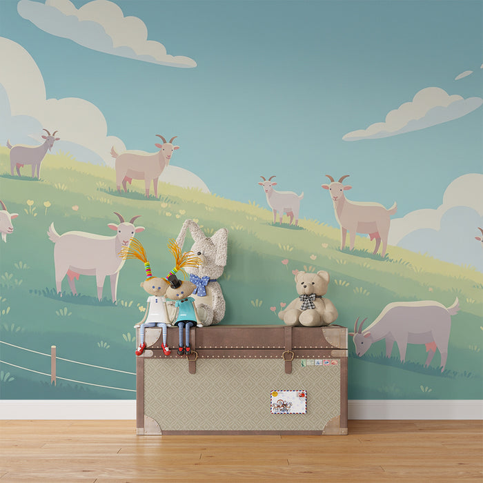 Kids room wallpaper | Õnnelikud kitsed rohelisel mäel