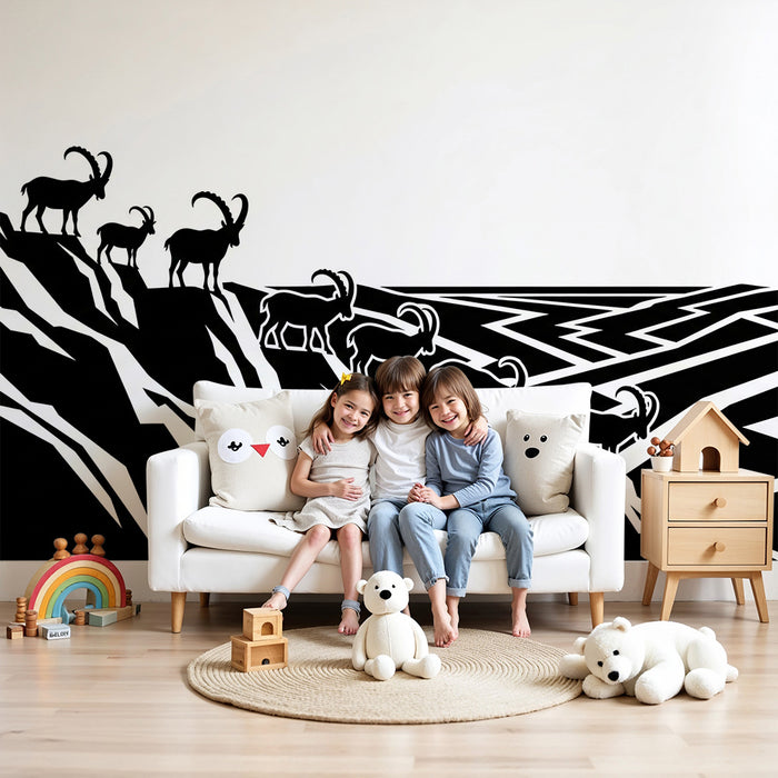 Kids room wallpaper | Goats on cliffs with geometric patterns