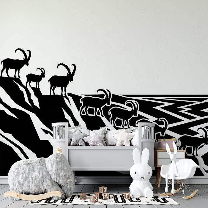 Kids room wallpaper | Goats on cliffs with geometric patterns