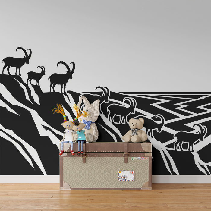 Kids room wallpaper | Goats on cliffs with geometric patterns