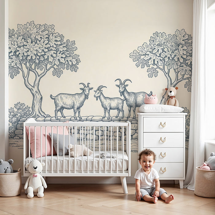Papel pintado infantil | Cabras en un muro rodeadas de árboles frondosos