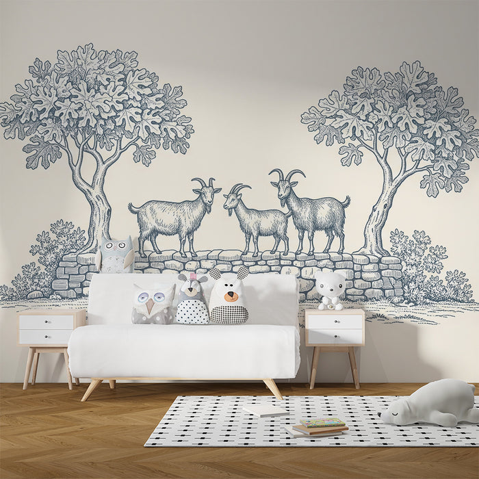 Papel pintado infantil | Cabras en un muro rodeadas de árboles frondosos