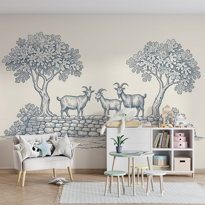 Papel pintado infantil | Cabras en un muro rodeadas de árboles frondosos