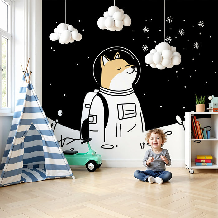 Papel pintado infantil | Perro astronauta explorando el espacio estrellado