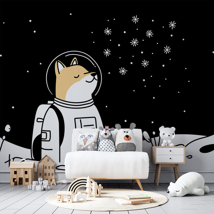 Papel pintado infantil | Perro astronauta explorando el espacio estrellado