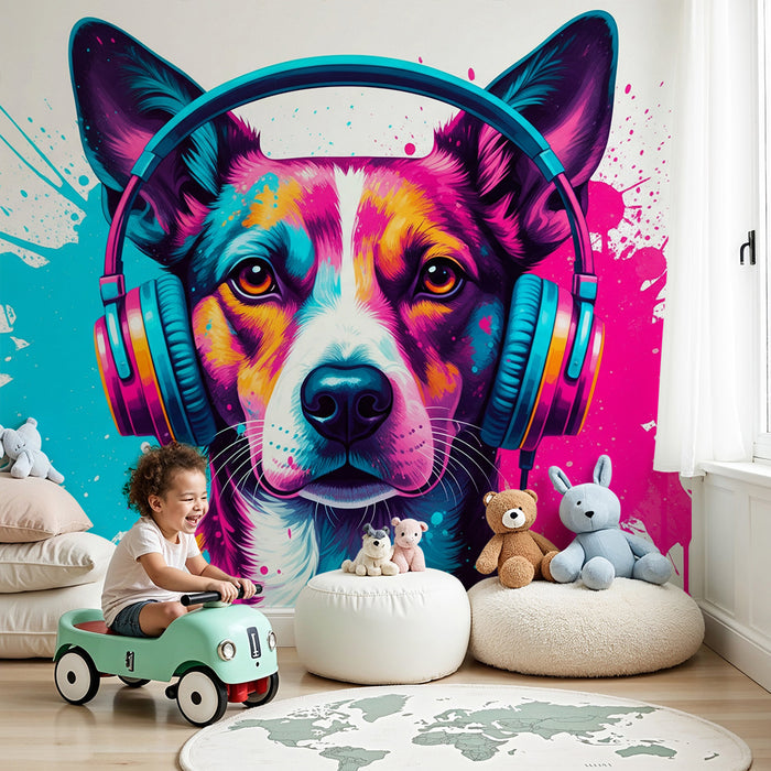 Kinderzimmer Tapete | Bunter Hund mit Kopfhörern und lebhaften Spritzern