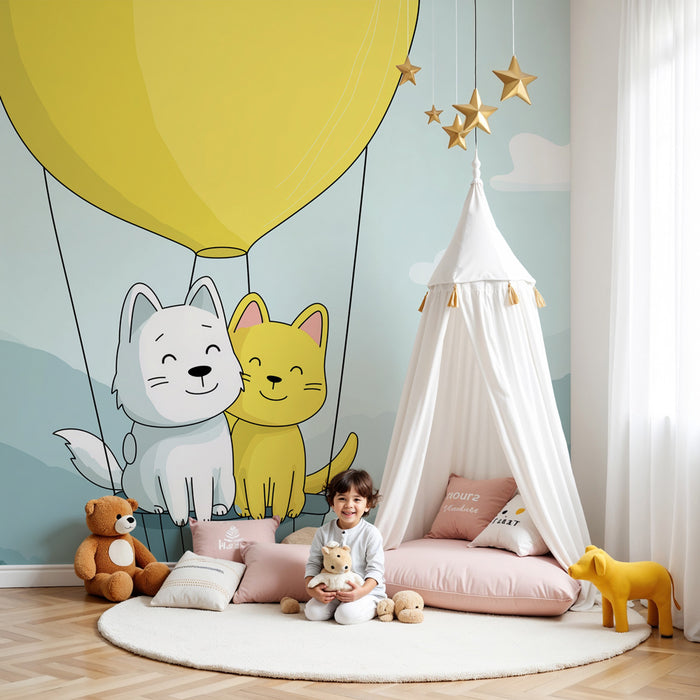 Kinderkamer behang | Hond en kat in luchtballon