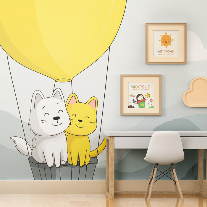 Kinderkamer behang | Hond en kat in luchtballon