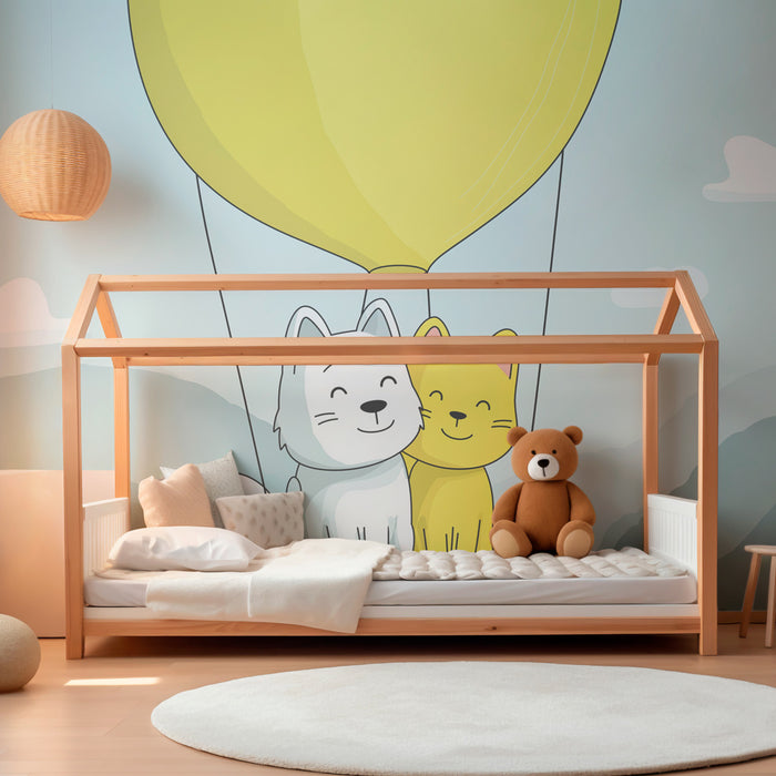 Kinderkamer behang | Hond en kat in luchtballon