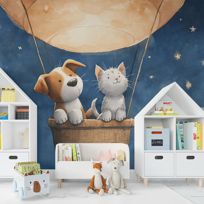 Kinderkamer behang | Hond en kat in luchtballon onder de sterren