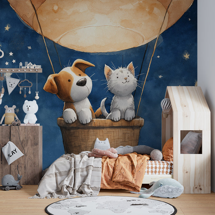 Kinderkamer behang | Hond en kat in luchtballon onder de sterren