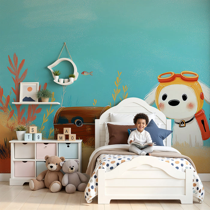 Papel de parede para quarto infantil | Cão explorador submarino com tesouro e peixes coloridos