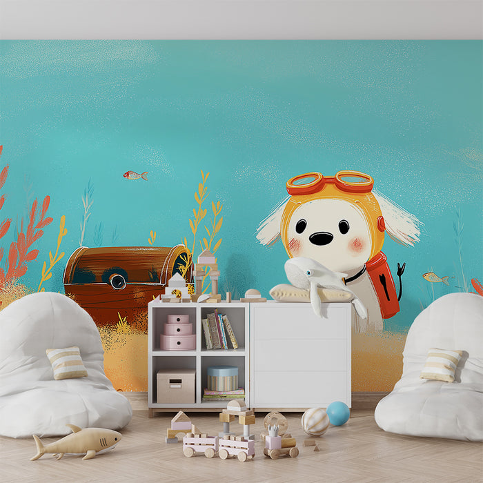 Papel de parede para quarto infantil | Cão explorador submarino com tesouro e peixes coloridos