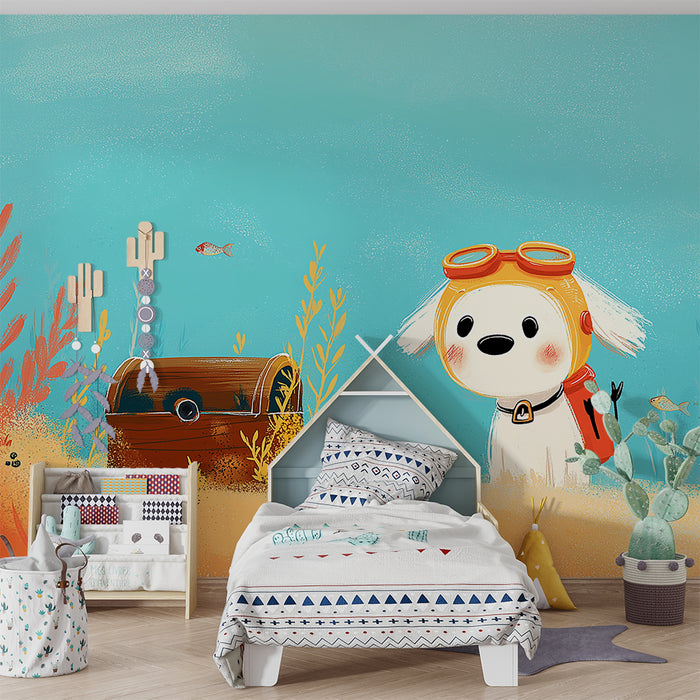 Papel de parede para quarto infantil | Cão explorador submarino com tesouro e peixes coloridos