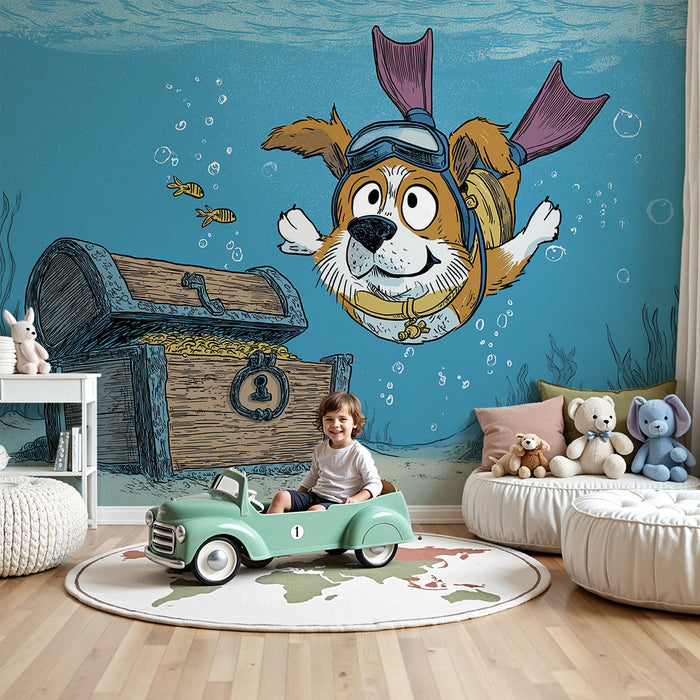 Kids room wallpaper | Diving dog searching for underwater treasures