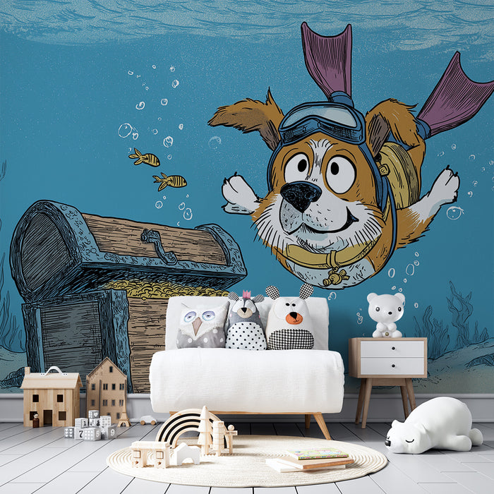 Kids room wallpaper | Diving dog searching for underwater treasures