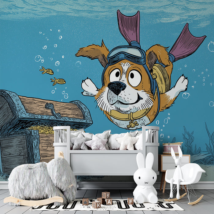 Kids room wallpaper | Diving dog searching for underwater treasures