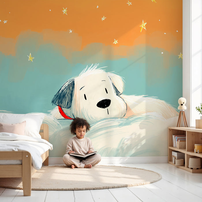 Papier peint chambre enfant | Chien rêveur parmi les nuages