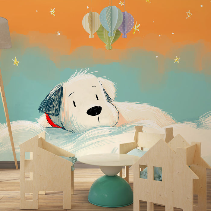 Papier peint chambre enfant | Chien rêveur parmi les nuages