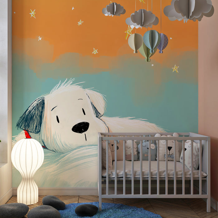 Papier peint chambre enfant | Chien rêveur parmi les nuages