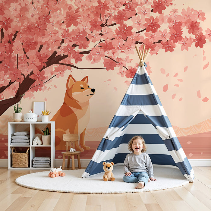 Detská izba tapeta | Shiba Inu pes pod kvitnúcim čerešňovým stromom