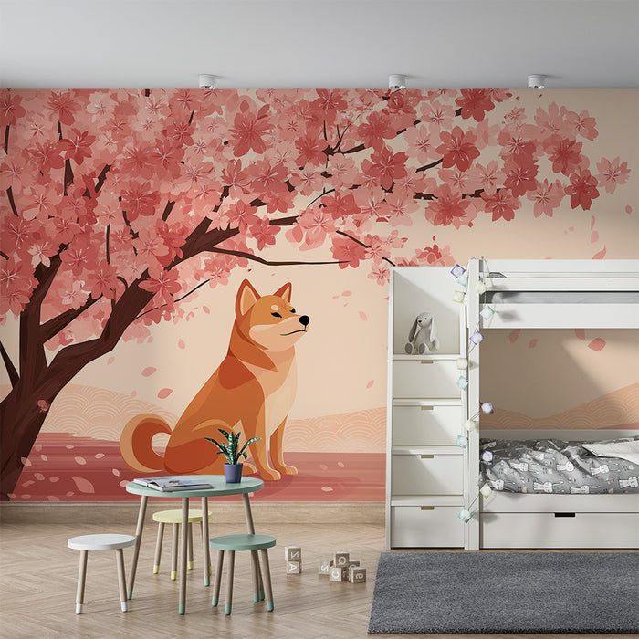 Detská izba tapeta | Shiba Inu pes pod kvitnúcim čerešňovým stromom