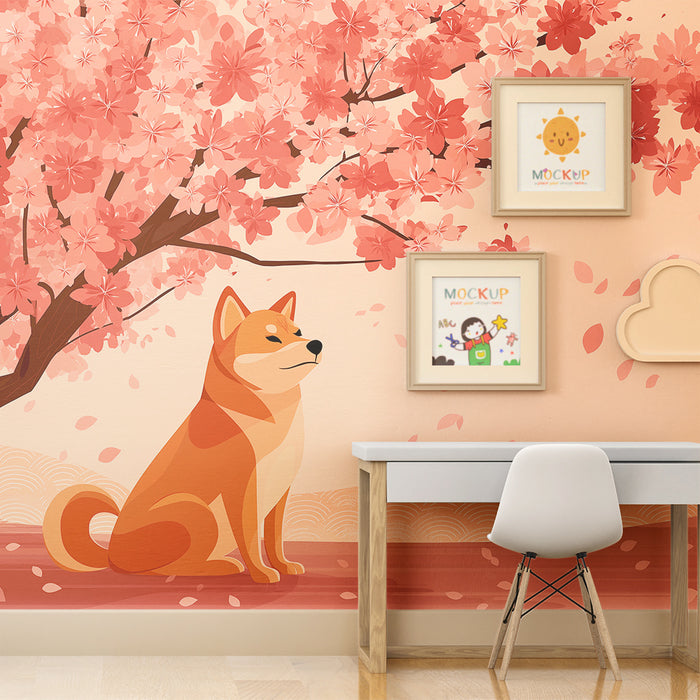 Detská izba tapeta | Shiba Inu pes pod kvitnúcim čerešňovým stromom
