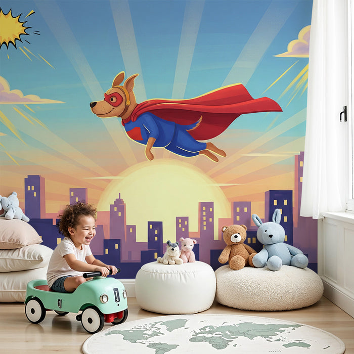Kids room wallpaper | Flying superhero dog above the city