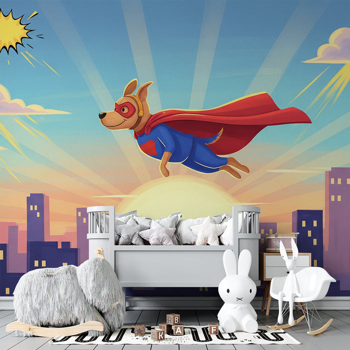 Kids room wallpaper | Flying superhero dog above the city