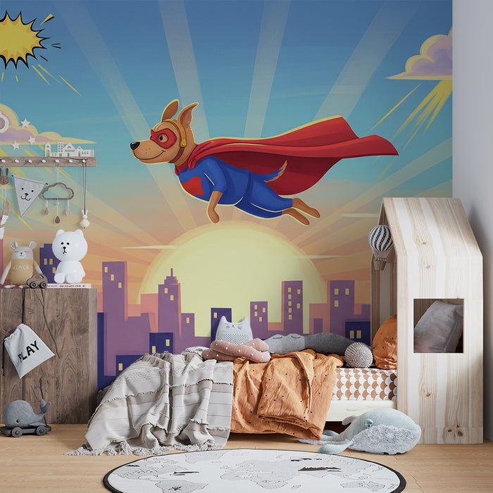 Kids room wallpaper | Flying superhero dog above the city