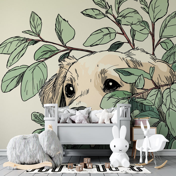 Kids room wallpaper | Curious puppy in the middle of leaves