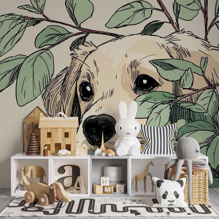 Kids room wallpaper | Curious puppy in the middle of leaves