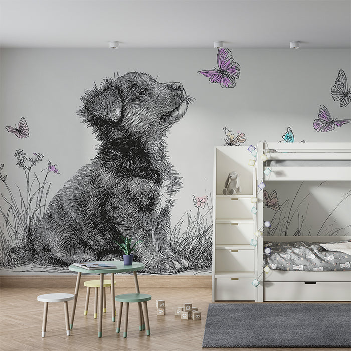 Barntapet | Nyfiken valp omgiven av färgglada fjärilar