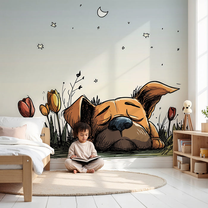 Barntapet | Sovande valp bland färgglada blommor