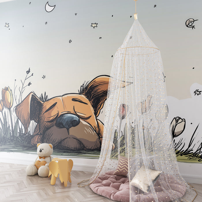 Barntapet | Sovande valp bland färgglada blommor